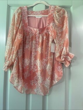 LC Lauren Conrad Coral Pink Floral Square-Neck Blouse